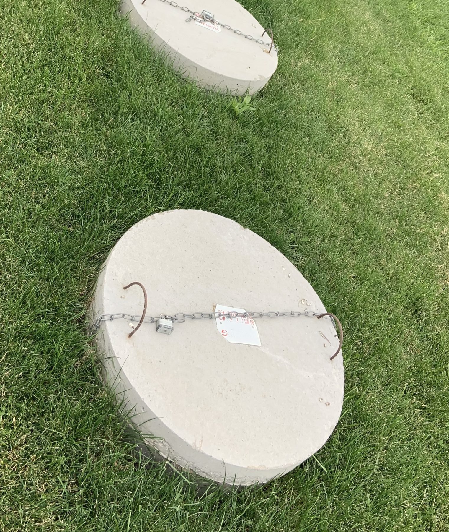 A single round concrete lid with a steel lifting handle in grass